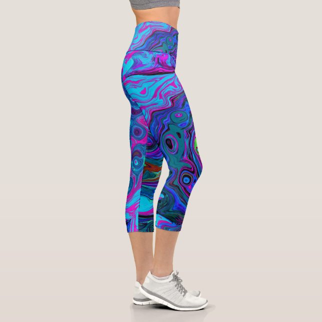 Leggings Capri Groovy Resumen Retro Azul y Púrpura Swirl (Derecha)