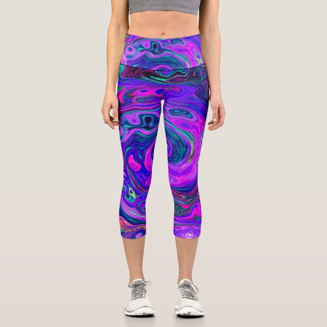 Leggings Capri Groovy Resumen Retro Magenta y Púrpura Swirl (Anverso)