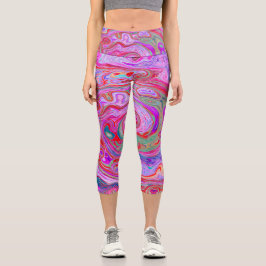 Leggings Capri Groovy Resumen Retro Rojo, Púrpura y Rosa Swirl