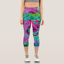 Leggings Capri Groovy rosa caliente y azul Resumen Swirte retro