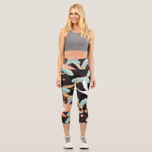 Leggings Capri Grullas, garzas: Patrón de pájaros japoneses.