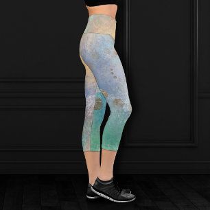 Leggings Capri Grunge costero   Oro azul y verde acuarela