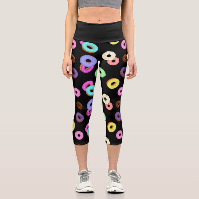 Leggings Capri Guay divertido colorido donuts patrón negro (Anverso)