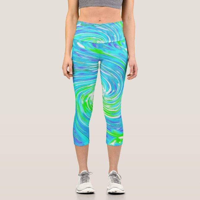 Leggings Capri Guay Resumen Retro Aqua y Lime Green Swirl (Anverso)