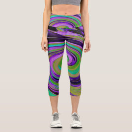 Leggings Capri Guay Retro Purple and Chartreuse Liquid Art Swirl