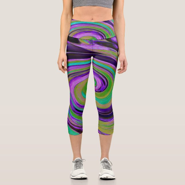 Leggings Capri Guay Retro Purple and Chartreuse Liquid Art Swirl (Anverso)