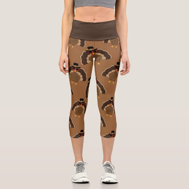 Leggings Capri Guay Turkey Thankding divertido patrón marrón (Anverso)