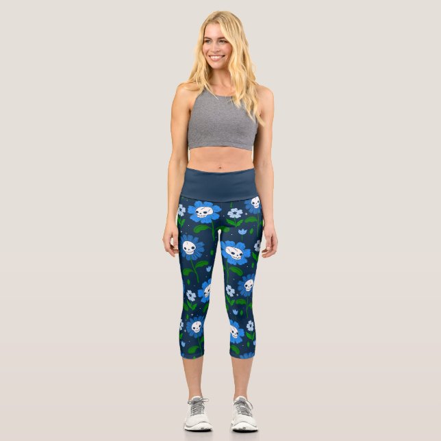 Leggings Capri halloween flor de cráneo floral azul (Anverso)
