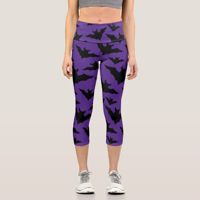 Leggings Capri Halloween negro murciélago morado fresco patrón de (Anverso)
