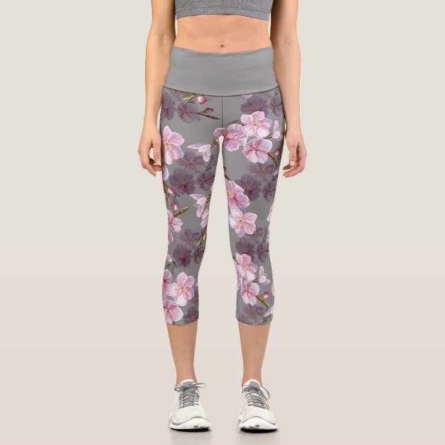 Leggings Capri Hermosa floral asiática japonesa Sakura Blossom (Anverso)