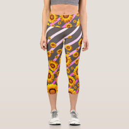 Leggings Capri Hermosas flores amarillas sobre rayas grises y ros