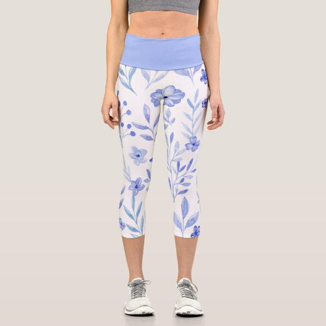 Leggings Capri Hermosas Flores Azules Monocromáticas (Anverso)