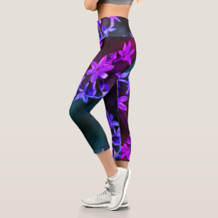 Leggings Capri Hermosas flores de ajo salvaje rosado púrpura