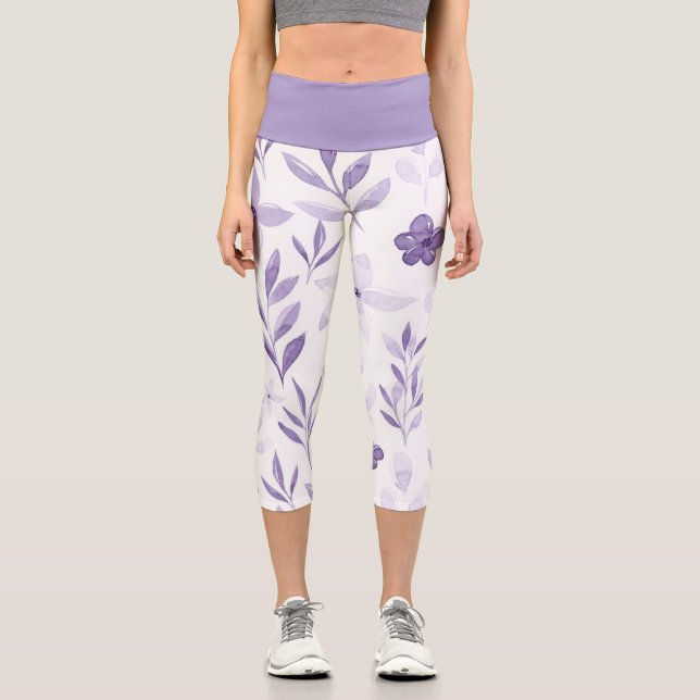 Leggings Capri Hermosas flores violetas monocromáticas en acuarel (Anverso)