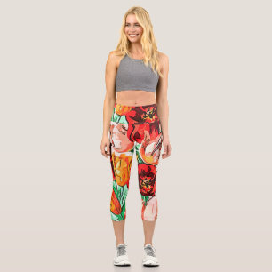 Leggings Capri Hermoso Bouquet Floral Tulipanes Arte Contorno Neg
