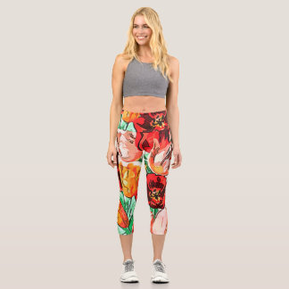 Leggings Capri Hermoso Bouquet Floral Tulipanes Arte Contorno Neg