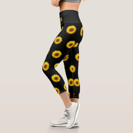 Leggings Capri Hermoso patrón de girasol y texto de yoga en negro