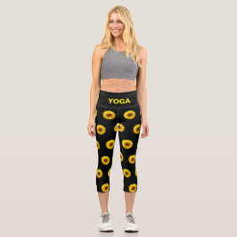 Leggings Capri Hermoso patrón de girasol y texto de yoga en negro