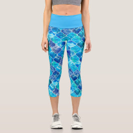 Leggings Capri Hermoso patrón de mármol azul marroquí en acuarela