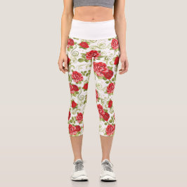 Leggings Capri Hermoso patrón de Rosas florales rojas