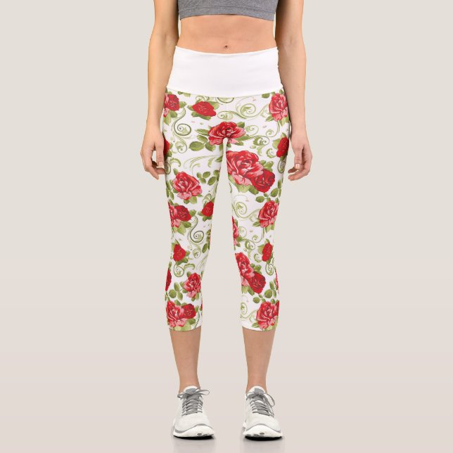 Leggings Capri Hermoso patrón de Rosas florales rojas (Anverso)