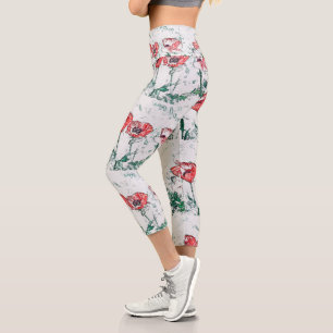 Leggings Capri Hermoso Sketch de flores rojas de tres amapolas
