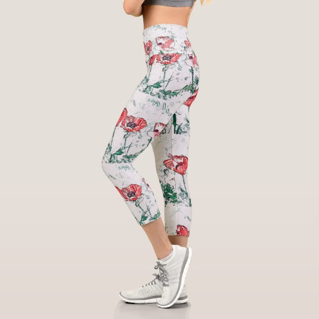 Leggings Capri Hermoso Sketch de flores rojas de tres amapolas (Izquierda)