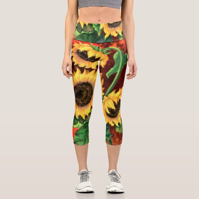 Leggings Capri Hermosos tres girasoles - Arte de pintura mezclado (Anverso)