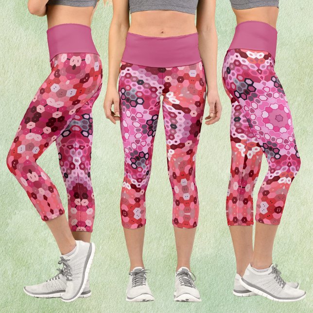 Leggings Capri Hex Mandala Rojo rosa y Blanco (Subido por el creador)