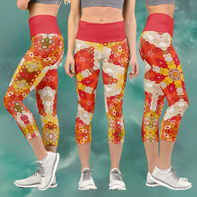 Leggings Capri Hex Mandala rojo y amarillo (Subido por el creador)