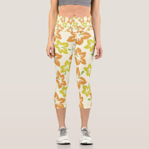Leggings Capri Hibiscus amarillo, Hibiscus Naranja, patrón floral