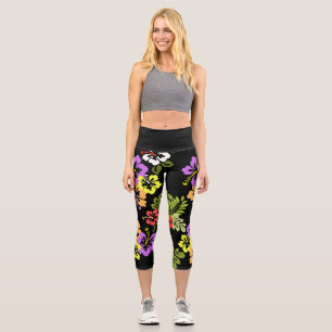 Leggings Capri Hibiscus colorido en negro