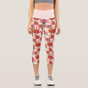 Leggings Capri Hibiscus floral rojo y rosa