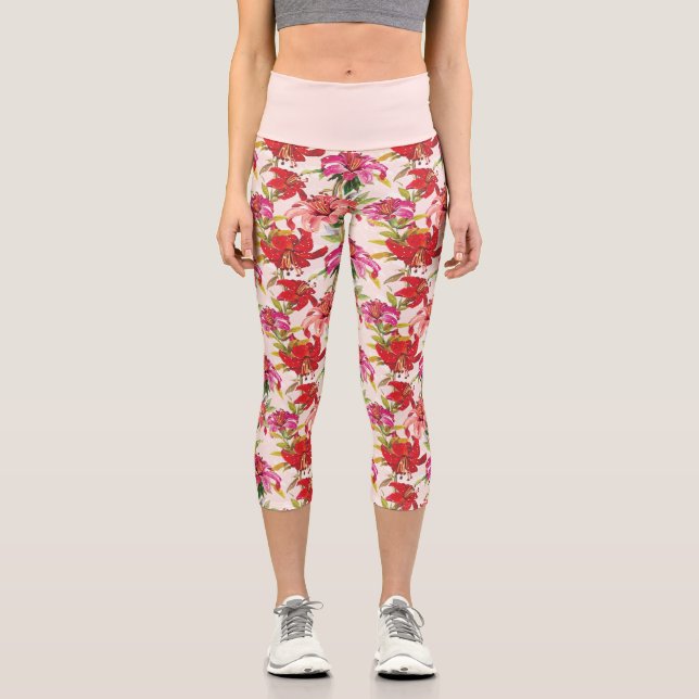 Leggings Capri Hibiscus floral rojo y rosa (Anverso)