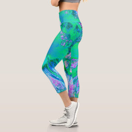 Leggings Capri Hibiscus psicodélico retro verde y rosa caliente