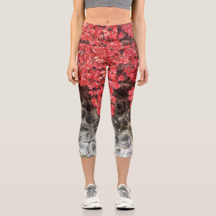 Leggings Capri Hiedra roja rosa hojas de piedra otoñal