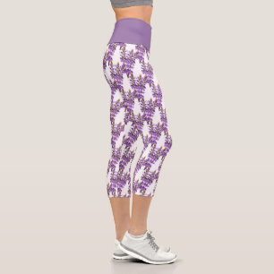 Leggings Capri Hierba divertida imprime flores de lavanda en blan