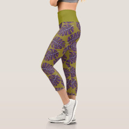 Leggings Capri Hoja Tropical Monstera Verde Púrpura