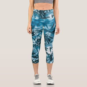 Leggings Capri Hojas de olivo hojas de silueta verano azul