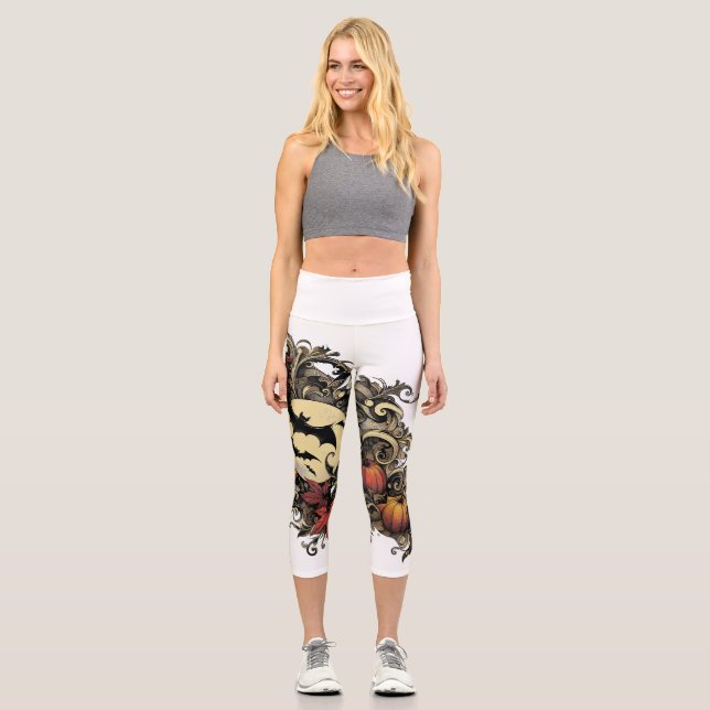 Leggings Capri Hojas de otoño. Patrón de Halloween. (Anverso)