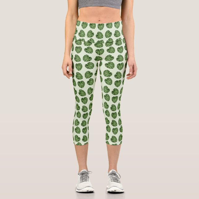 Leggings Capri Hojas de palma, hojas verdes, patrón tropical (Anverso)