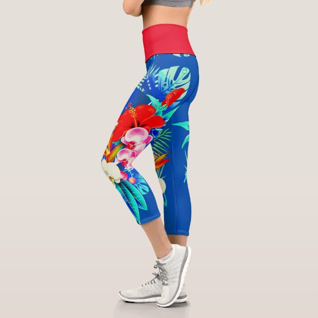 Leggings Capri Hojas de palma orquídea tropical azul floral hawai (Izquierda)