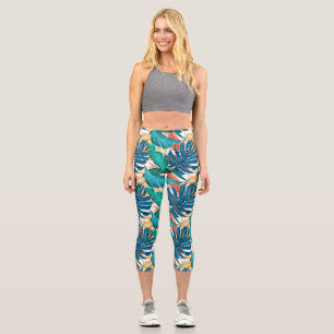 Leggings Capri Hojas tropicales coloridas, diseño de patrones exó