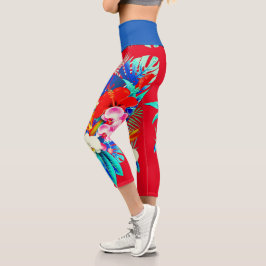 Leggings Capri Hojas tropicales de palma de orquídea rojo floral 