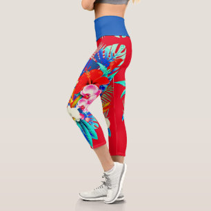 Leggings Capri Hojas tropicales de palma de orquídea rojo floral 