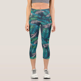 Leggings Capri Hojas tropicales de palmera, helechos botánicos co