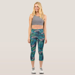 Leggings Capri Hojas tropicales de palmera, helechos botánicos co