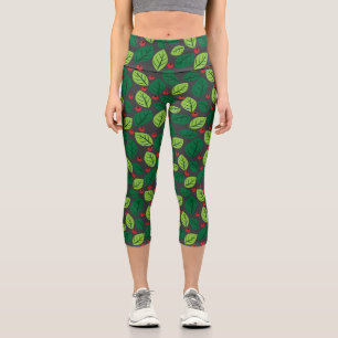 Leggings Capri Hojas verdes, bayas rojas, patrón de hojas