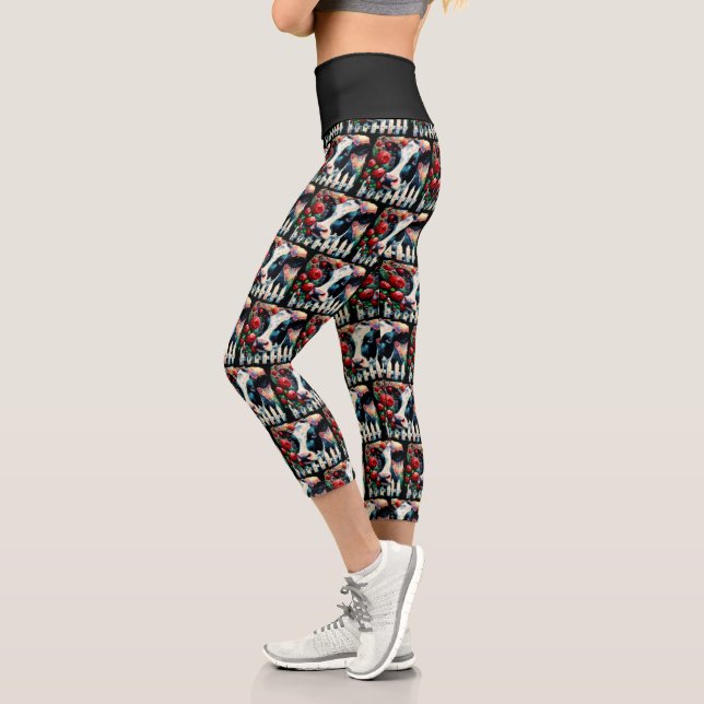 Leggings Capri Holstein Cow Picket Fence Red Roses Black Red (Izquierda)