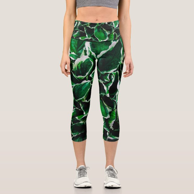 Leggings Capri Hosta undulata hojas de plantas verdes vibrantes (Anverso)